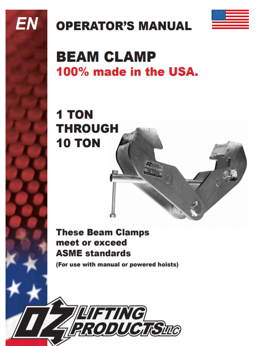 Beam Clamp Oz Lifting Products Operators Manual Made in the USA